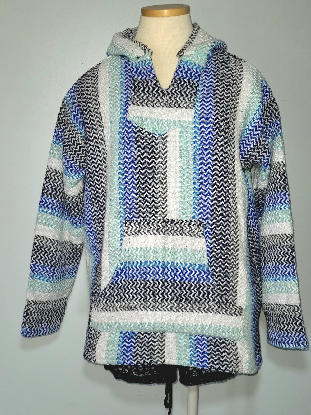 Baja Joe by Earth Ragz Unisex Size Large Baja Hoodie Blue Green Striped Pullover
